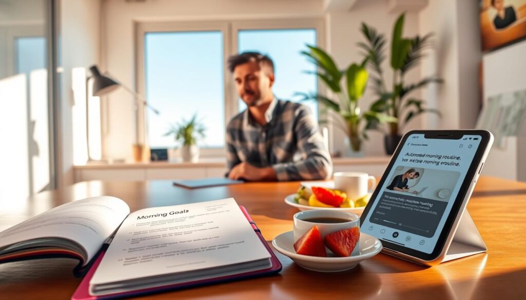 A bright, modern home office bathed in warm morning light, showcasing a professional individual in modest casual attire, seated at a sleek wooden desk. In the foreground, a planner open to a page titled "Morning Goals," with neat bullet points outlining tasks for a productive day. A wholesome breakfast of fresh fruit and coffee sits beside a modern digital device displaying an automated morning routine app. In the middle ground, a large window reveals a clear blue sky, bringing lightness and positivity. The background features lush indoor plants that add a touch of nature. The atmosphere is inspiring and motivating, emphasizing clarity and focus for building a successful morning routine. Use soft, diffused lighting to create a calming effect, with a slightly wide-angle lens for depth.