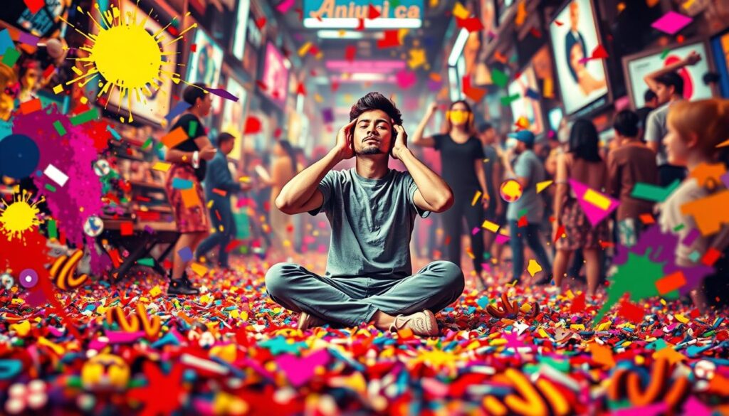 A chaotic, surreal scene illustrating sensory overload, with vibrant and clashing colors filling the foreground. Overwhelming patterns swirl together, featuring bright neon lights, splashes of color, and abstract shapes that signify noise and confusion. In the middle ground, a tranquil figure in modest casual clothing sits cross-legged, with eyes closed and hands over ears, embodying the struggle against the sensory chaos around them. The background is filled with blurred shapes of distorted objects and people, representing the overwhelming bombardment of stimuli. The lighting is bright and erratic, casting sharp shadows and highlights, creating a disorienting atmosphere. The overall mood should evoke a sense of tension and anxiety while showcasing the contrast between the chaotic environment and the serene figure amidst it all. A chaotic, surreal scene illustrating sensory overload, with vibrant and clashing colors filling the foreground. Overwhelming patterns swirl together, featuring bright neon lights, splashes of color, and abstract shapes that signify noise and confusion. In the middle ground, a tranquil figure in modest casual clothing sits cross-legged, with eyes closed and hands over ears, embodying the struggle against the sensory chaos around them. The background is filled with blurred shapes of distorted objects and people, representing the overwhelming bombardment of stimuli. The lighting is bright and erratic, casting sharp shadows and highlights, creating a disorienting atmosphere. The overall mood should evoke a sense of tension and anxiety while showcasing the contrast between the chaotic environment and the serene figure amidst it all.