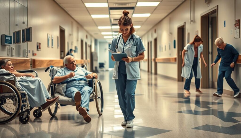 A clinical hospital setting illustrating various types of falls in medical environments. In the foreground, a nurse in professional attire tends to an elderly patient who has experienced a fall, showcasing a compassionate response. To the left, a patient has fallen from a wheelchair, while to the right, another patient has slipped on a wet floor. In the middle, a medical assistant is using a tablet to report the incidents to ensure prompt communication. The background contains hospital equipment and a well-lit corridor, emphasizing a sterile atmosphere. Soft overhead lighting casts gentle shadows, creating a calm yet urgent mood. The scene is captured with a slight tilt-angle perspective, enhancing the sense of action and immediacy without any text or branding.