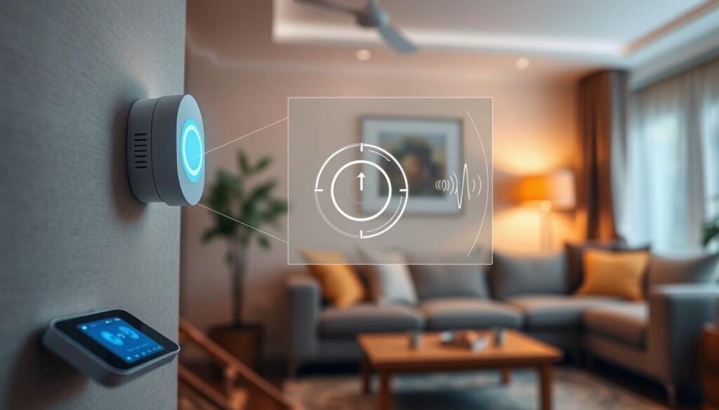 A close-up illustration of fall detection sensors in action, showcasing a sleek sensor device attached to a wall in a cozy living room. In the foreground, a subtle glow from a smart device displays alerts or data on a small screen. In the middle, a transparent overlay diagram illustrates the sensor's components, such as accelerometers and gyroscopes, detecting motion. In the background, softly lit furniture and warm colors create an inviting, safe atmosphere, hinting at the comfort of home. The camera angle captures a slightly lower perspective for a dynamic view, emphasizing the importance of the technology in enhancing safety for seniors. The mood is calm and reassuring, with gentle lighting that evokes a sense of security without any text or additional elements.