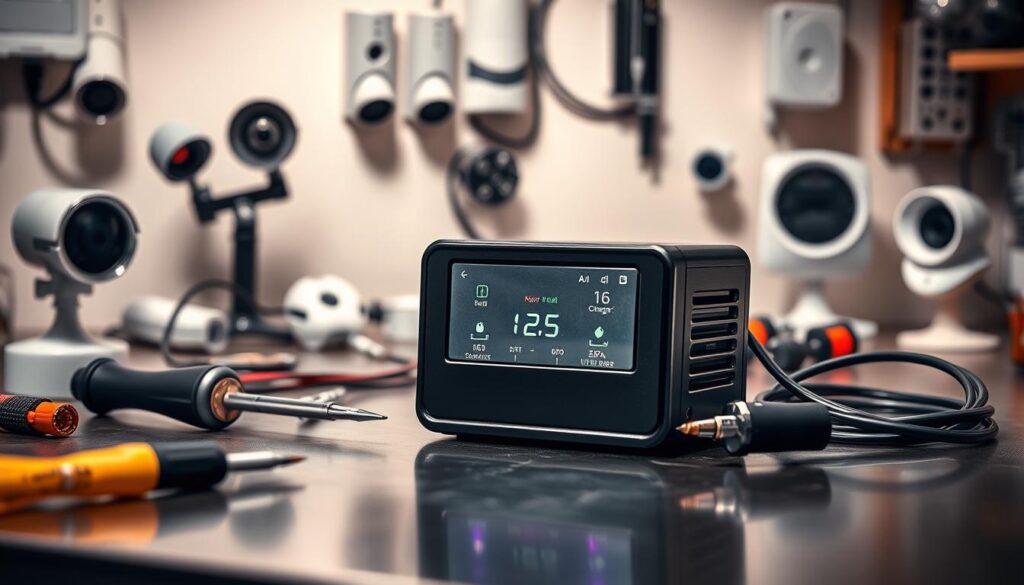 A close-up shot of a modern battery backup system prominently displayed on a polished workbench. The device is sleek and well-designed, featuring LED indicators showing its charging status. Surrounding the battery backup, tools such as a screwdriver and wiring are neatly arranged, emphasizing its practical use. In the background, faint silhouettes of typical home security devices like cameras and alarms create an atmosphere of safety and preparedness. The lighting is bright and inviting, casting soft shadows that highlight the device's contours, while a subtle focus blur in the background adds depth to the image. The overall mood is one of reliability and security, portraying the importance of battery backup systems in maintaining home safety during power outages.