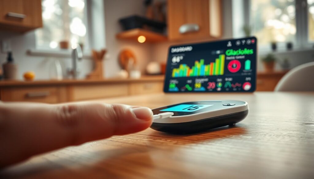 A close-up view of a blood glucose monitoring device placed on a clean, modern wooden table. The device displays a digital readout of blood glucose levels. In the foreground, a finger with a small droplet of blood is poised over the test strip, showcasing the monitoring process. In the middle ground, a family-friendly dashboard screen softly illuminates the scene, displaying various glucose levels in colorful graphs and statistics, suggesting connectivity and family engagement. The background features a cozy kitchen environment with natural light streaming through a window, creating a warm and inviting atmosphere. Capture this scene with a soft focus lens to emphasize the intimate and personal nature of health monitoring, evoking a sense of care and togetherness in managing health.