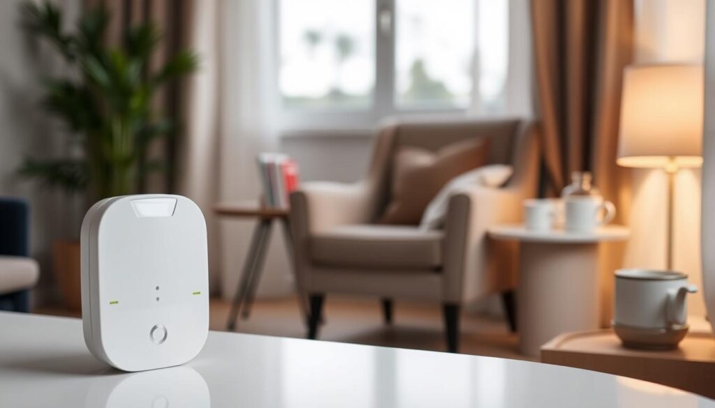 A close-up view of a high-tech motion sensor device designed for caregivers, prominently displayed in the foreground. The sensor has a sleek, modern design with a glossy white finish and subtle LED indicators. In the middle ground, a well-furnished room is visible, featuring a comfortable armchair and a small table with care items like a medication organizer and a cup of tea. Soft, warm lighting creates an inviting atmosphere, highlighting the sensor’s functionality. In the background, a window shows a gently lit outdoor scene, suggesting security and tranquility. The overall mood is peaceful and professional, embodying the assistive role of technology in caregiving. The angle is slightly tilted to emphasize the sensor, capturing its importance in a caregiver's toolkit.