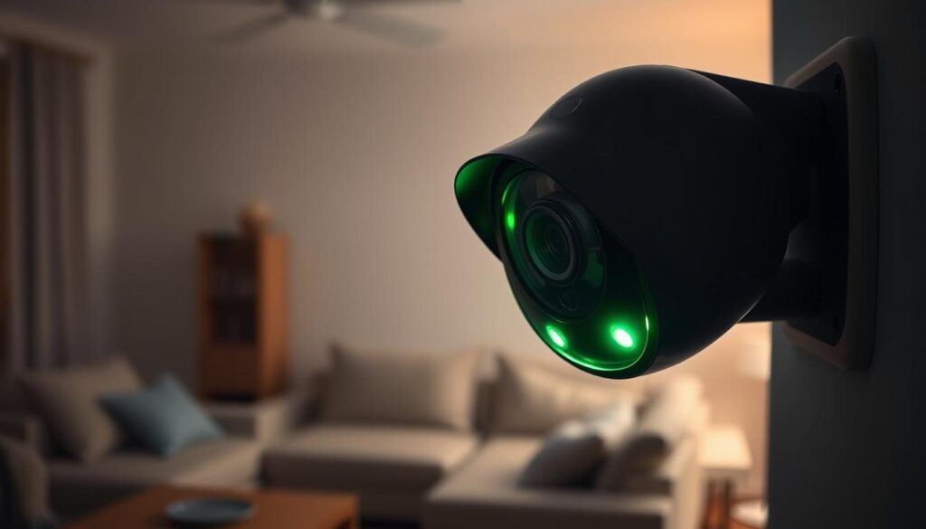 A close-up view of a high-tech night vision camera, featuring a sleek black design with glowing infrared lights and a lens reflecting faint green hues. The camera is positioned on a wall in a dimly lit indoor setting, showcasing its advanced features and functionality. In the background, blurred outlines of furniture suggest a cozy living room, creating a sense of safety and surveillance. Soft shadows and a gentle glow emanate from the camera’s lights, emphasizing its purpose for nighttime monitoring. The atmosphere is calm and secure, suitable for protecting seniors, highlighting the balance of privacy and safety in a modern home.