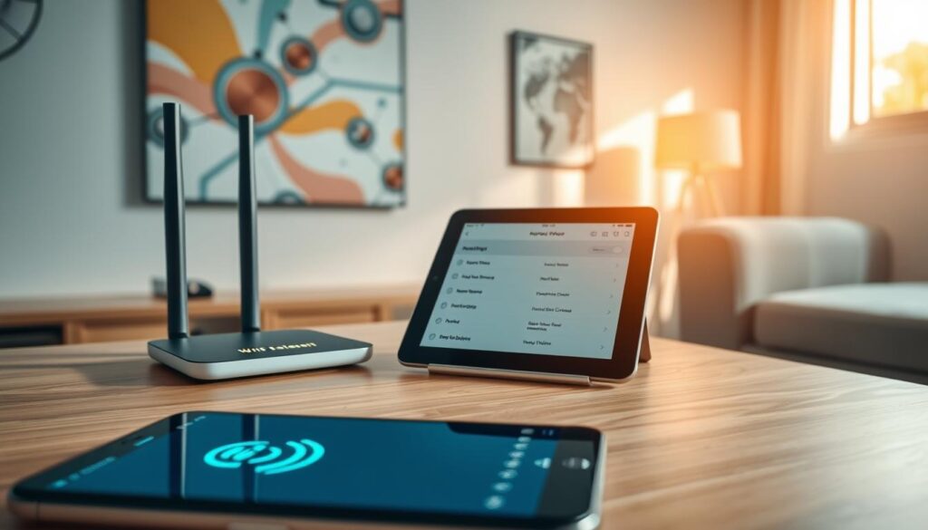 A close-up view of a modern Wi-Fi router positioned on a sleek wooden desk, with glowing LED indicators showcasing connectivity status. In the foreground, show a smartphone displaying a Wi-Fi signal strength icon, indicating a strong connection. The middle layer features a tablet connected to the Wi-Fi, with its screen open to a settings page showing network options. The background includes a softly lit room with abstract tech-themed artwork on the walls, blending warm and cool tones to create a welcoming atmosphere. Natural light filters through a nearby window, casting gentle shadows. The overall mood is informative yet relaxed, focusing on clarity and understanding of Wi-Fi technology.
