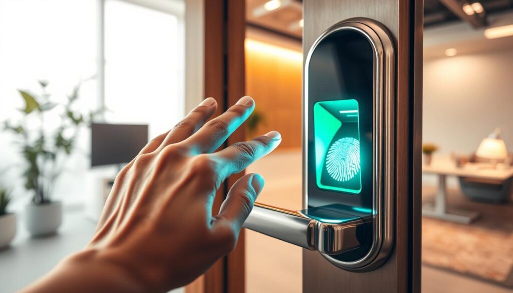 A close-up view of a modern biometric security access system, featuring a sleek, high-tech fingerprint scanner integrated into a polished door handle. In the foreground, a hand, elegantly manicured, is positioned just above the scanner, demonstrating the action of scanning a fingerprint. The middle layer shows the scanner illuminated with a soft green glow, indicating readiness for use. In the background, a well-lit, contemporary office environment is visible, equipped with minimalistic furniture and subtle technology accents, evoking a sense of security and innovation. The lighting is bright yet warm, creating an inviting atmosphere that highlights the functionality and accessibility of biometric technology. Use a wide-angle lens to capture depth and emphasize the scanner's importance in everyday security.