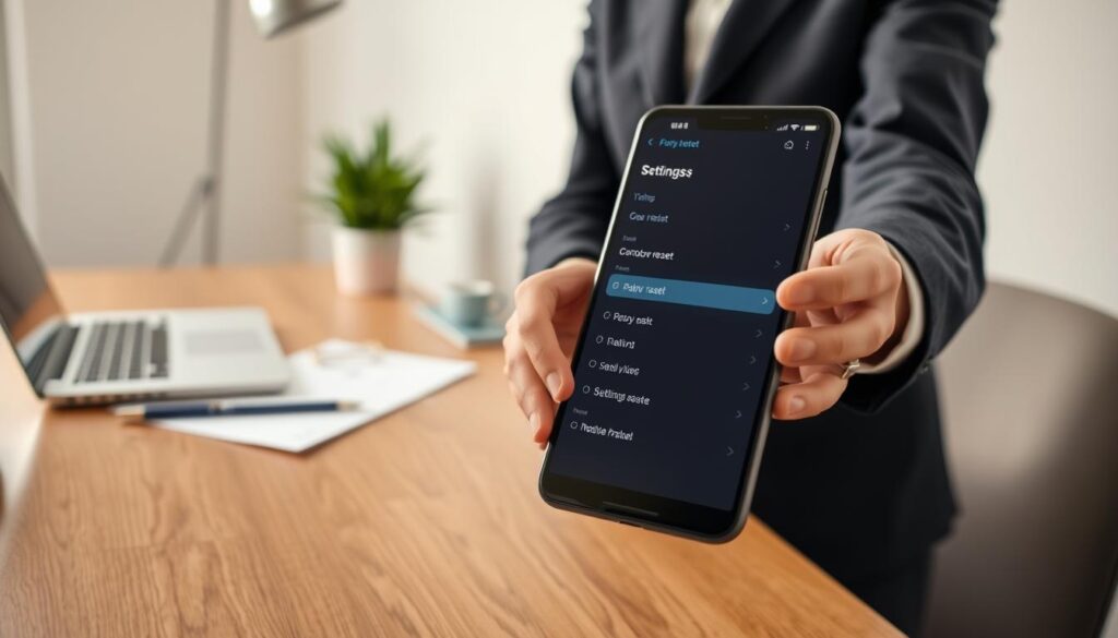 A close-up view of a modern digital device, such as a smartphone or tablet, set against a minimalist home office background. The device displays a settings menu, indicating the option for a factory reset. In the foreground, a pair of hands, clad in professional business attire, delicately navigate the screen, suggesting careful preparation. The lighting is soft and diffused, creating a calm atmosphere, with warm hues reflecting off the device's screen. In the background, a tidy desk with a laptop, paperwork, and a potted plant adds a serene touch, emphasizing a professional and organized environment. Ensure that the angle captures the focused intent of the individual while maintaining a clear view of the device’s display. The overall mood conveys a mix of anticipation and professionalism.