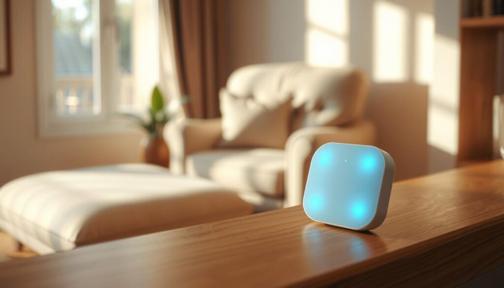 A close-up view of a modern fall detection sensor, showing its sleek design and small size, positioned on a wooden mantel in a cozy living room. In the foreground, the sensor is clearly visible, with LED lights indicating it's active. In the middle, soft natural light floods in through a nearby window, casting gentle shadows and illuminating a hint of a plush armchair and a small potted plant. The background features soft pastel-colored walls, suggesting a warm and inviting atmosphere. The lens angle captures the sensor from slightly above, emphasizing its importance for safety and comfort for seniors. The overall mood is calm and reassuring, reflecting the protective purpose of the technology without any distractions or text.