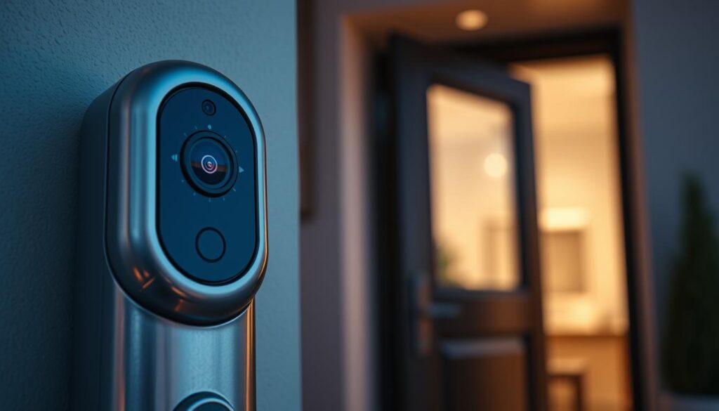 A close-up view of a modern smart doorbell equipped with advanced data protection features, showcasing a sleek design with a glossy finish. In the foreground, the doorbell is prominently displayed, with intricate details of its camera lens and sensors, suggesting high technology. In the middle ground, a subtle background reveals a stylish, secure home entrance with a warm ambiance created by soft lighting. The door is slightly ajar, hinting at a welcoming atmosphere. The setting is during twilight, casting a gentle glow that symbolizes security and comfort. The image captures a sense of reliability and innovation, emphasizing the importance of digital safety in home access management.