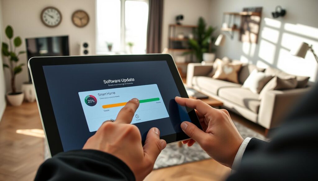A close-up view of a modern smart home interface on a sleek tablet screen, showcasing a software update notification with vibrant progress bars and symbols indicating security threats like warning icons. The foreground features a hand gently tapping the screen, dressed in a professional business attire. In the middle ground, a stylish living room packed with various smart home devices like a smart thermostat, security cameras, and smart lighting, indicating an interconnected home ecosystem. The background reveals a softly lit room with sunlight streaming through a window, casting serene shadows. The overall mood is slightly tense but hopeful, emphasizing the importance of timely updates for security. The focus should be sharp on the tablet while the surrounding elements slightly blur, creating depth.