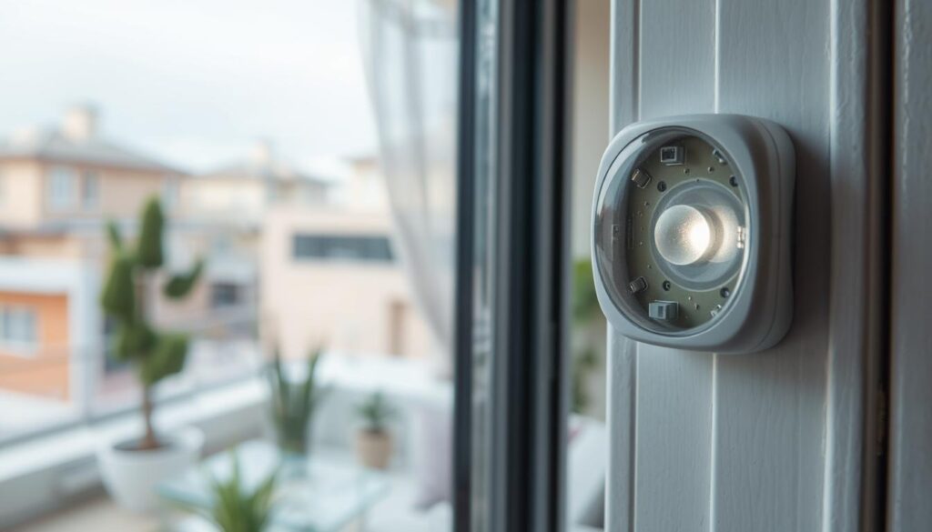 A close-up view of a modern vibration sensor mounted on a window frame, with a sleek design and visible electronic components. In the foreground, soft, diffused lighting highlights the sensor's intricate details, creating a subtle glimmer on its surface. The middle layer features a peaceful home interior, showcasing a cozy living room with plants and natural light filtering through the window, conveying a sense of security and comfort. In the background, faint outlines of an urban neighborhood are visible, emphasizing a safe environment. The atmosphere is calm and reassuring, suggesting the protective benefits of vibration sensors in enhancing home security. The angle should capture both the sensor and the inviting home space, focusing on the harmony between technology and safety.
