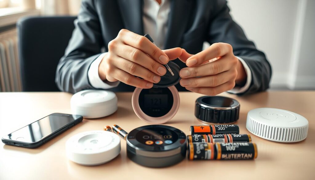 A close-up view of a person in professional attire, sitting at a simple, well-lit desk surrounded by various smart devices. The foreground showcases a smartphone, a smart thermostat, and a smoke detector, each with easily accessible battery compartments. The individual skillfully demonstrates how to open the battery compartment of the smoke detector, with tools like a small screwdriver and fresh batteries nearby. The middle features diverse smart devices, highlighting a variety of battery types. The background includes a softly blurred room, emphasizing a tidy workspace with warm, natural lighting creating a focused and instructional atmosphere. The image should communicate a sense of clarity and readiness for maintenance.