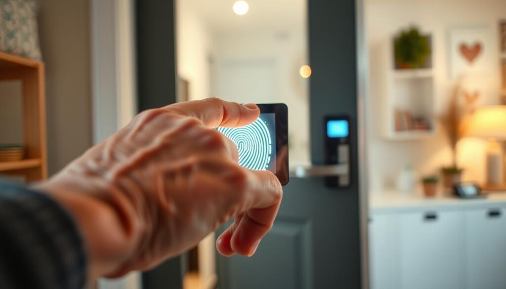 A close-up view of a senior's hand gently pressing a fingerprint scanner, showcasing the intricate details of the fingerprint. The foreground highlights the textured skin of the hand, the smooth surface of the scanner, and the unique patterns of the fingerprint, illuminated by soft, warm lighting. In the middle ground, a sleek, modern entryway door can be partially seen, suggesting ease of access, while a blurred image of a cozy and inviting home environment forms the background, creating a sense of comfort and security. The atmosphere is bright and positive, reflecting technological advancement and independence for seniors, with a focus on practicality and accessibility.