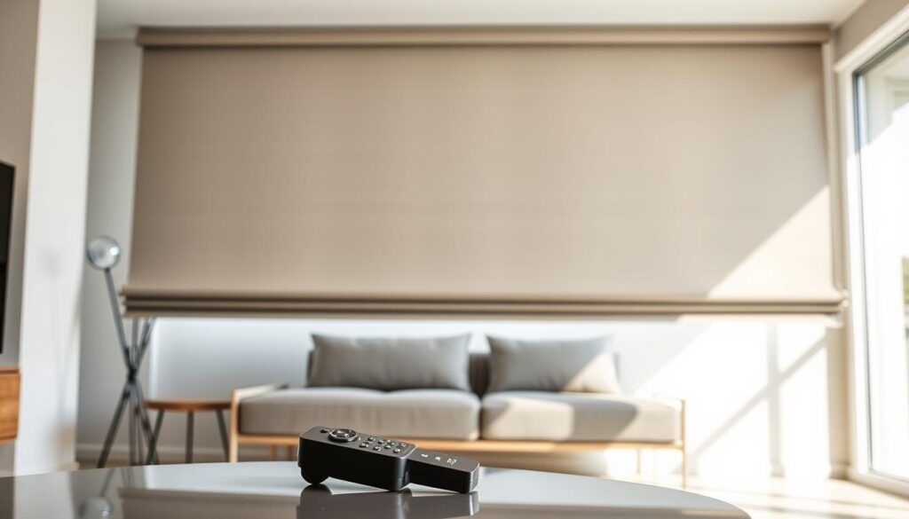 A close-up view of a sleek, modern automated window shade fully extended over a large, hard-to-reach window in a contemporary living room. The shade features a minimalist design with a smooth, fabric finish and subtle texture. In the foreground, the remote control lies on a stylish coffee table, hinting at the convenience of operation. The middle ground showcases the shade's intricate mechanism, highlighting its advanced motorized system. The background reveals a bright, airy space with soft natural light streaming in, casting gentle shadows on the walls. The overall mood is serene and sophisticated, emphasizing the safety and practicality of motorized blinds in home decor. The scene is captured with a soft-focus lens, conveying a sense of comfort and technological elegance.