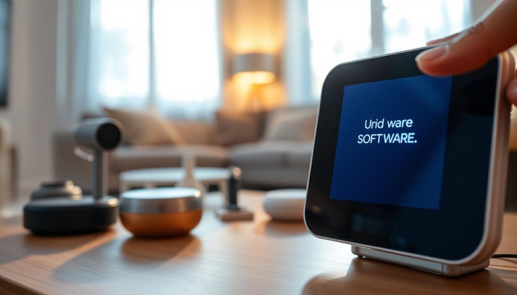 A close-up view of a sleek modern smart home device, with a glowing progress indicator on its screen showing the "Updating software" status. In the foreground, a hand, gently reaching out, interacts with the device, showcasing a sense of engagement. The middle ground includes a softly blurred array of other smart home gadgets like a thermostat and security camera, suggesting a connected ecosystem. The background features a contemporary living room setting, warmly lit with natural light streaming through large windows, creating an inviting atmosphere. A subtle blue hue permeates the image, symbolizing technology, while soft shadows add depth. The overall mood is one of innovation and security, emphasizing the importance of awareness in software updates for smart home devices.