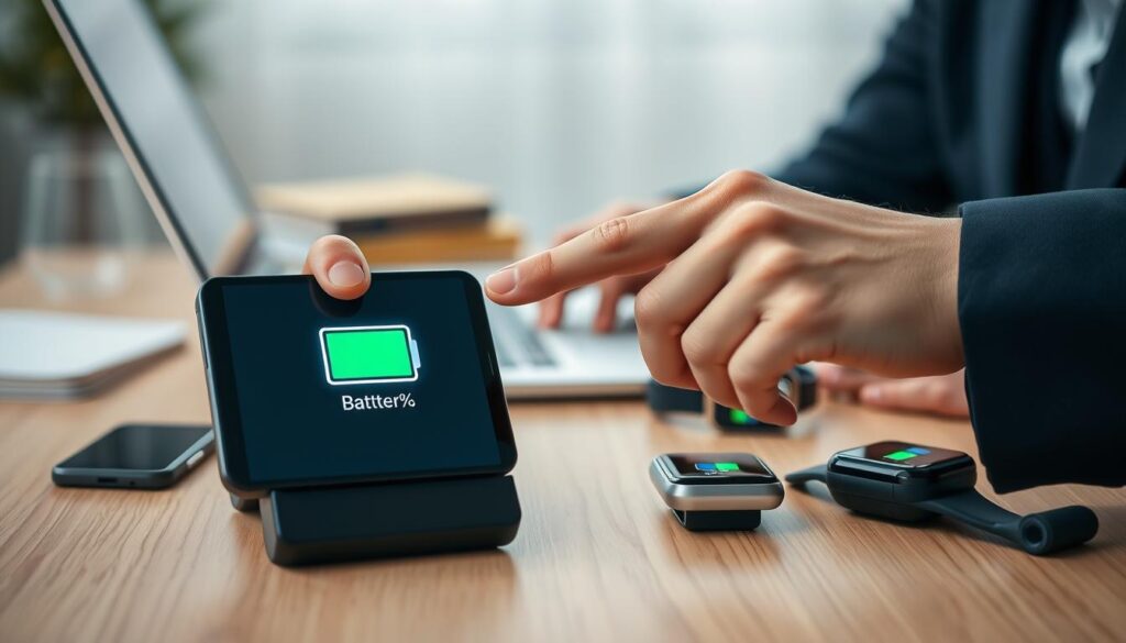A close-up view of a smart device battery indicator displayed on a sleek electronic device, with a focus on a glowing battery icon showing a low battery life percentage. In the foreground, include a hand of a person in professional attire gently pointing at the battery icon, indicating a need for maintenance. The middle ground features a stylish table with other smart devices, such as a smartwatch and wireless earbuds, all showing their battery levels. The background has a softly lit workspace with a blurred laptop and books, creating a calm and organized atmosphere. Use soft, diffused lighting to enhance the mood of responsibility and tech-savviness, shot from a slightly elevated angle to capture the entirety of the scene.