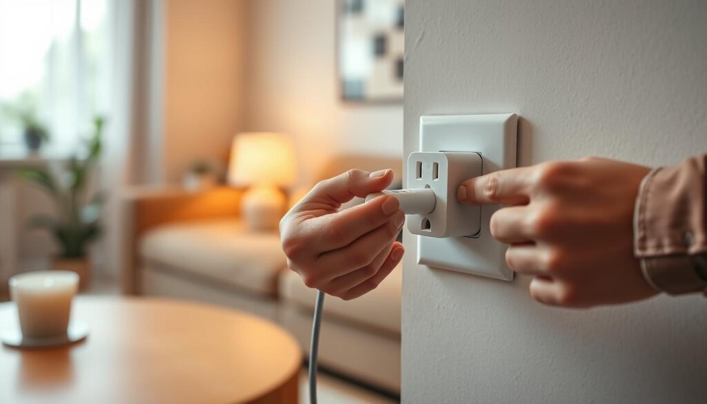 A close-up view of a smart outlet being installed into a standard wall socket. In the foreground, focus on the hands of a professional wearing a modest casual shirt, carefully plugging in the smart outlet with sleek, modern design details visible. In the middle ground, show the traditional appliance, such as a lamp or coffee maker, plugged into the new smart outlet, highlighting its versatility. The background features a softly lit, cozy living room setting with warm tones, emphasizing a comfortable atmosphere. Use natural lighting to create a sense of realism and warmth, and a shallow depth of field to keep the focus on the smart outlet installation, making it the focal point.