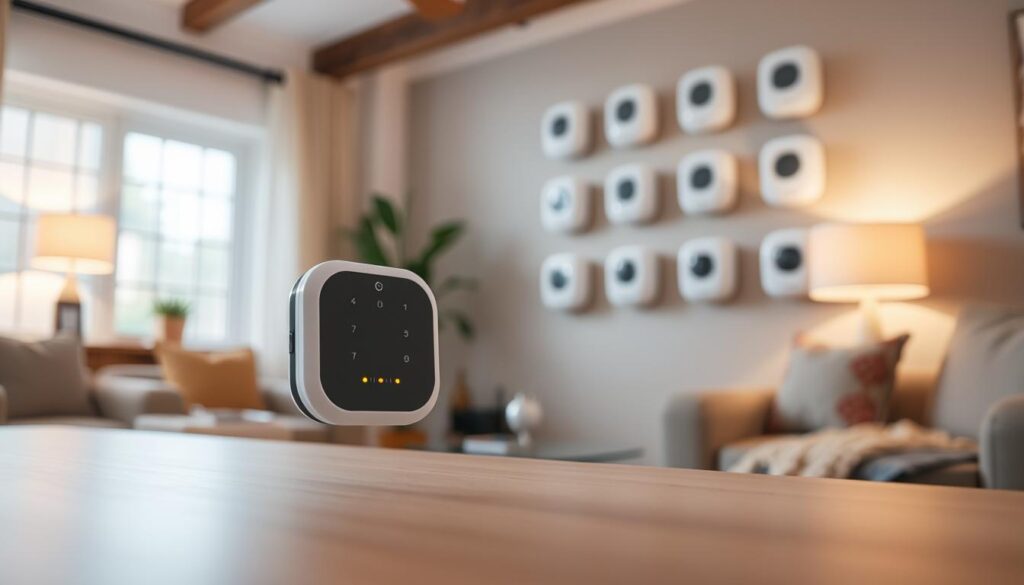 A close-up view of advanced fall detection sensors designed for seniors, showcasing a sleek, modern design with sensors and cameras integrated into a stylish device. In the foreground, highlight a compact sensor with LED indicators, emphasizing its user-friendly interface. The middle section features an array of similar sensors mounted on a wall, illustrating their practical application in a home environment. In the background, a soft, ambient light illuminates a cozy living room, decorated with comfortable furniture and warm colors, creating a reassuring atmosphere. The scene captures a sense of safety and tranquility, conveying the effectiveness of technology in supporting seniors. Use a shallow depth of field to focus on the sensors, giving a professional and clean look.