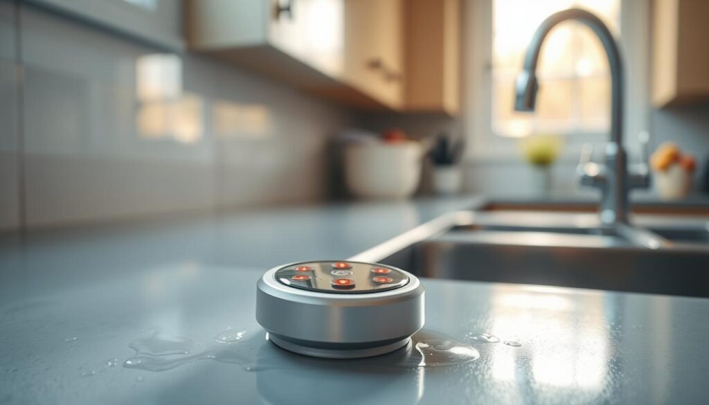 A close-up view of innovative water leak detectors designed for home use, strategically placed near a kitchen sink to highlight common leak sources. In the foreground, showcase a sleek, modern sensor with LED indicators, glistening under soft, diffused natural light. The middle layer captures the sink area with water droplets on the countertop, illustrating the urgency of the problem. In the background, subtly blur the kitchen elements, such as cabinets and a window letting in warm sunlight, creating a safe, inviting atmosphere. The image conveys vigilance and preparedness, emphasizing the role of technology in preventing water damage. The camera angle is slightly tilted to add depth, while the overall mood is calm, yet solution-oriented, perfect for emphasizing the importance of detecting leaks early.