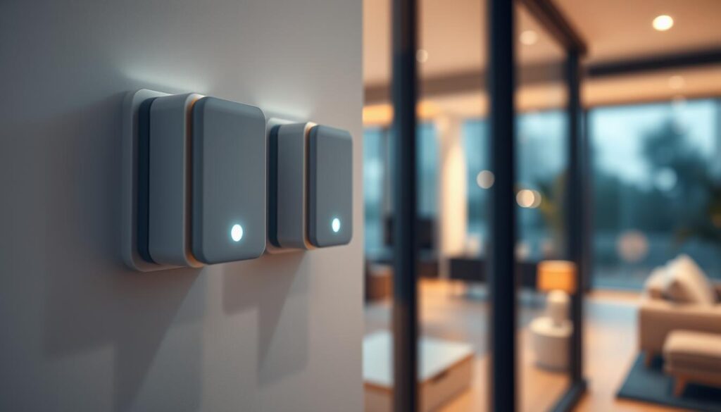 A close-up view of modern smart glass break sensors installed on a minimalist wall, with sleek design elements and metallic finishes. The foreground features the sensors prominently, highlighting their sophisticated technology and sensor array. In the middle ground, soft LED indicator lights glow subtly, suggesting active monitoring. The background is a blurred image of a contemporary living space with large glass windows, accentuating the product’s application in a residential environment. The scene is illuminated by warm, ambient lighting to create a sense of security and safety, with a shallow depth of field focusing on the sensors, giving them prominence. The overall mood is calm and reassuring, reflecting advanced security technology seamlessly integrated into modern homes.