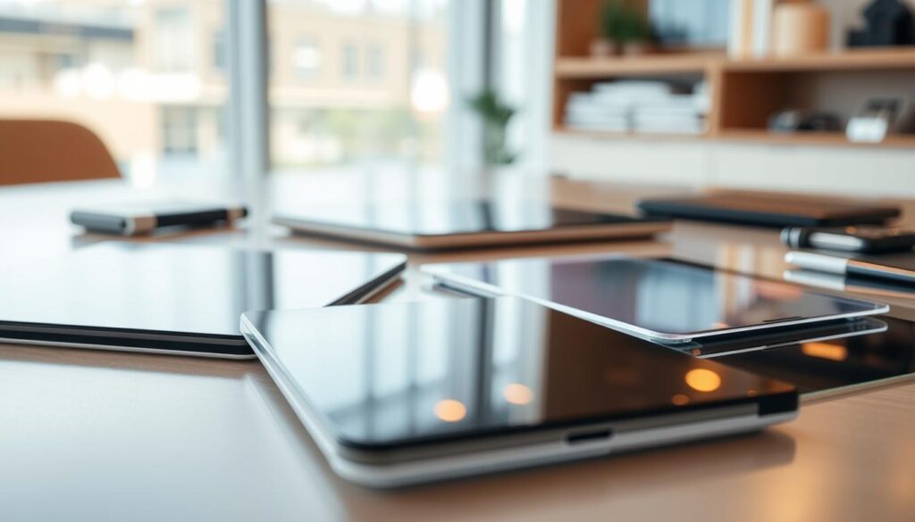 A close-up view of various screen protection materials laid out on a sleek, modern workspace. In the foreground, focus on a collection of tempered glass, screen films, and UV shield stickers, with reflections showing intricate details. The middle ground features a high-quality smartphone and tablet, demonstrating these materials in use. In the background, soft, warm lighting creates a clean and organized atmosphere, highlighting the textures of the materials. The composition should have a gentle focus that emphasizes the surfaces while keeping a balanced depth of field. This image evokes a professional yet accessible mood, capturing the essence of cutting-edge technology and care for smart devices.