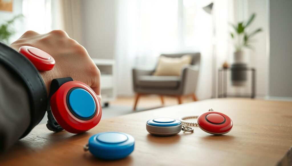 A close-up view of wearable emergency call buttons designed for immediate accessibility, set in a comfortable home environment. The foreground features various models of compact, stylish buttons—some worn on wrist straps and others as pendants, showcasing vibrant colors like red and blue. In the middle ground, a modern living room is visible, with a cozy chair and a side table equipped with a voice-activated assistant device, subtly suggesting a tech-savvy atmosphere. Soft, natural lighting filters through a nearby window, creating a warm and inviting mood. The background remains softly blurred to emphasize the call buttons, with home decor elements subtly hinting at safety and security, evoking a sense of reassurance for users.