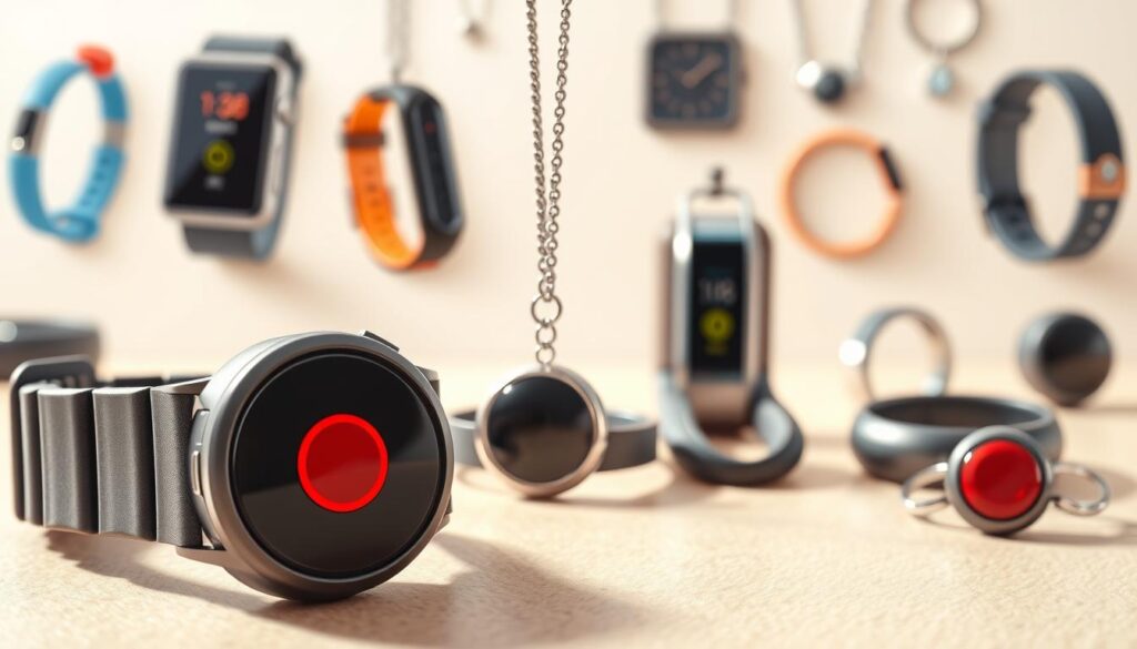 A collage of various wearable emergency alert systems, illustrated in a bright, informative style. In the foreground, display a wristwatch-style emergency call button, prominently showing its sleek design with a red alert button. Beside it, an elegant pendant-style alert device hangs from a chain, emphasizing its discreet nature. In the middle ground, include a stylish fitness tracker with a built-in alert function, highlighting its modern aesthetic. In the background, softly blurred, depict a range of wearable devices including clip-on alert systems and smart jewelry, all on a subtle, neutral-toned surface to enhance focus on the devices. Use bright, yet soft lighting to create a welcoming atmosphere that conveys safety and reassurance, viewed from a slightly elevated angle for an inviting perspective.