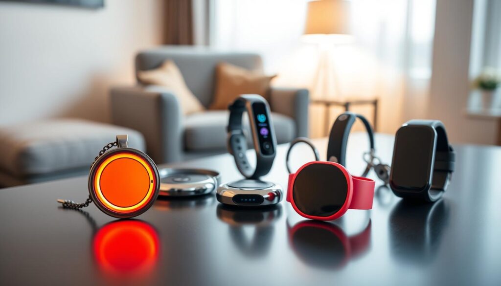 A collection of various wearable emergency call buttons displayed prominently on a sleek, modern table. In the foreground, focus on a round, pendant-style button in vibrant colors, alongside a wristband button with a touch screen, both glimmering under soft, diffused lighting. The middle ground features additional designs, including a lapel button and a keychain style, arranged artistically to showcase diverse functionalities. In the background, a blurred, cozy home environment subtly highlights security measures, with a comfortable armchair partially visible. Capture the image from a slightly elevated angle, emphasizing the innovative technology while conveying a sense of safety and readiness. The overall mood is warm and inviting, suggesting that these devices are essential for peace of mind.