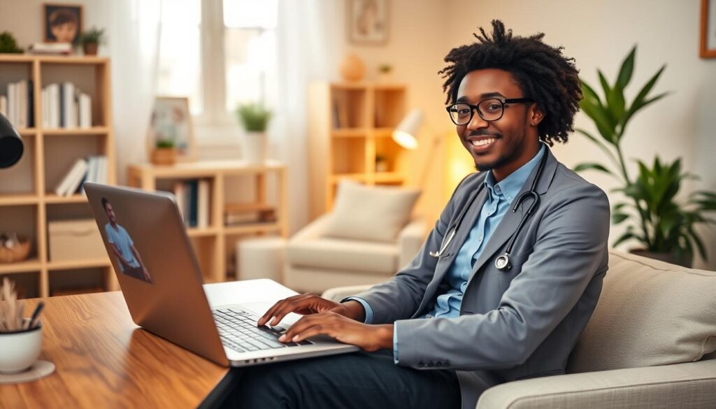 A cozy home office setup for telehealth consultations, featuring a stylish desk with a laptop open to a video call interface. In the foreground, a friendly, diverse medical professional in business attire sits calmly, attentively engaging with a patient on the screen. The middle ground includes a soft, well-organized bookshelf and a potted plant, adding a touch of greenery. The background showcases a well-lit room with warm, natural light coming through a window, creating an inviting atmosphere. Use a wide-angle lens to capture the entire scene, emphasizing comfort and professionalism. The mood is serene and supportive, encouraging successful telehealth interactions. A cozy home office setup for telehealth consultations, featuring a stylish desk with a laptop open to a video call interface. In the foreground, a friendly, diverse medical professional in business attire sits calmly, attentively engaging with a patient on the screen. The middle ground includes a soft, well-organized bookshelf and a potted plant, adding a touch of greenery. The background showcases a well-lit room with warm, natural light coming through a window, creating an inviting atmosphere. Use a wide-angle lens to capture the entire scene, emphasizing comfort and professionalism. The mood is serene and supportive, encouraging successful telehealth interactions.