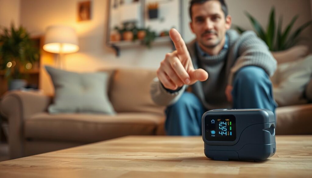 A cozy home setting with a well-lit living room, showcasing a pulse oximeter placed on a wooden coffee table. In the foreground, the pulse oximeter is sleek and modern, with its display showing vibrant, clear readings of oxygen levels. In the middle ground, a professional-looking adult wearing modest casual clothing, perhaps a sweater and jeans, gently holds their index finger with the device attached, displaying a focused expression as they monitor their health. The background reveals a softly blurred ambiance with potted plants and warm lighting, creating a reassuring and calm atmosphere. The overall mood conveys the importance of personal health monitoring and the convenience of using a pulse oximeter at home.