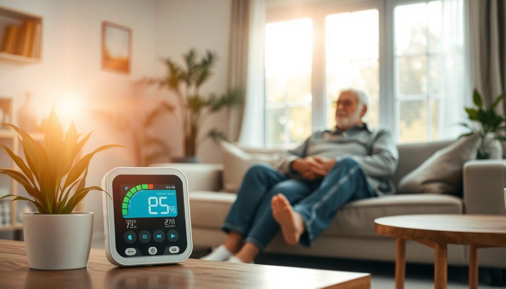 A cozy indoor setting focusing on a well-lit living room that demonstrates the concept of indoor air quality. In the foreground, an air quality monitoring device shows clear air quality indicators alongside a serene indoor plant, symbolizing fresh air. In the middle ground, an elderly couple sits comfortably on a couch, dressed in modest casual clothing, engaged in light conversation while breathing easily, illustrating comfort and health. The background features a large window with sunlight streaming in, illuminating the room and enhancing the sense of fresh air. The atmosphere is calm and inviting, with soft, warm colors to evoke a sense of well-being. The lighting should be natural, with a slight lens flare to enhance the tranquil mood of the scene.