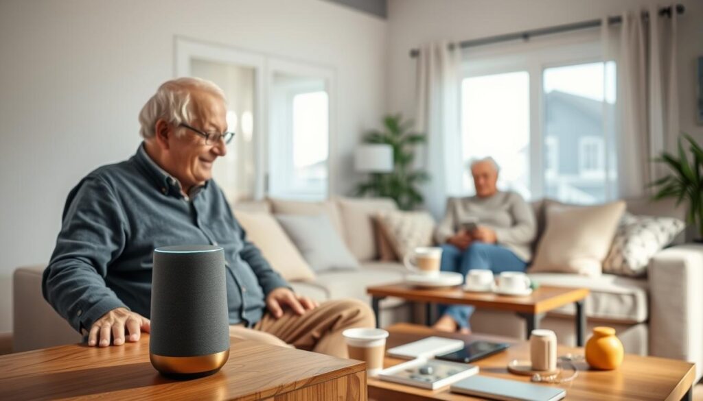 A cozy living room scene depicting a senior couple interacting with a smart home device, emphasizing voice recognition technology. In the foreground, an elderly man is speaking to a sleek, modern voice assistant device on a side table, while a warm smile lights up his face, reflecting engagement and curiosity. The middle ground features a comfortable couch adorned with soft cushions, and a coffee table scattered with everyday essentials for a homey touch. The background includes a sunny window with sheer curtains, allowing natural light to fill the room, highlighting the warm color palette of the space. The mood is inviting and reassuring, capturing the essence of safety and modern technology for seniors.