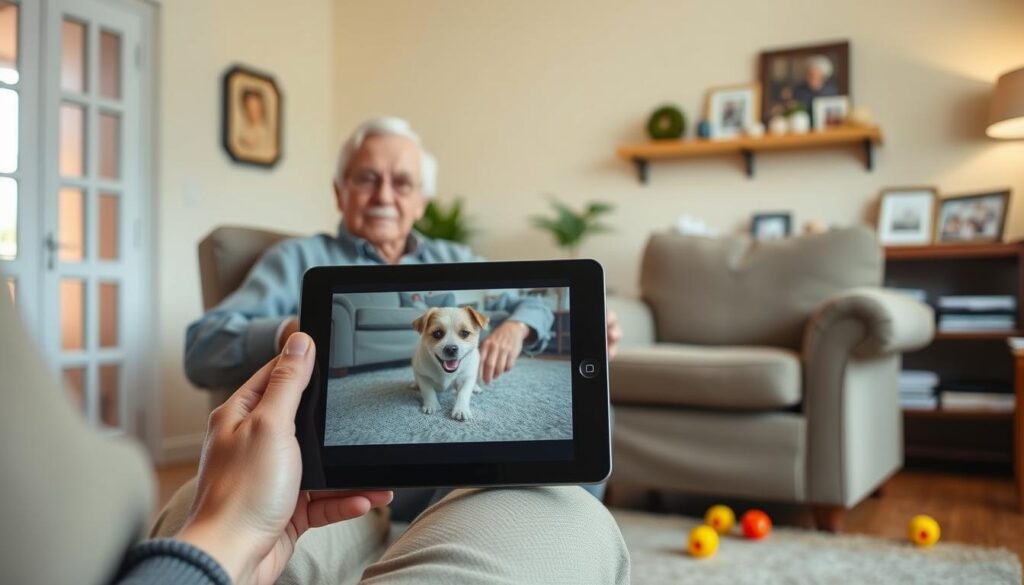 A cozy living room scene featuring a senior person, dressed in modest casual clothing, comfortably seated in an armchair while monitoring a smart camera on a tablet. In the foreground, the tablet displays live footage of a playful dog in the home. The middle layer showcases the warm ambiance of the room, with soft lighting reflecting off the walls, a window allowing natural light to filter in, and pet toys scattered on the floor. The background includes family photos on a shelf, creating a nostalgic atmosphere. The overall mood is calm and reassuring, illustrating the ease and peace of mind that smart cameras provide for seniors in keeping track of their beloved pets. The image is well-lit with a slight focus on the tablet, creating an inviting and supportive environment. A cozy living room scene featuring a senior person, dressed in modest casual clothing, comfortably seated in an armchair while monitoring a smart camera on a tablet. In the foreground, the tablet displays live footage of a playful dog in the home. The middle layer showcases the warm ambiance of the room, with soft lighting reflecting off the walls, a window allowing natural light to filter in, and pet toys scattered on the floor. The background includes family photos on a shelf, creating a nostalgic atmosphere. The overall mood is calm and reassuring, illustrating the ease and peace of mind that smart cameras provide for seniors in keeping track of their beloved pets. The image is well-lit with a slight focus on the tablet, creating an inviting and supportive environment.