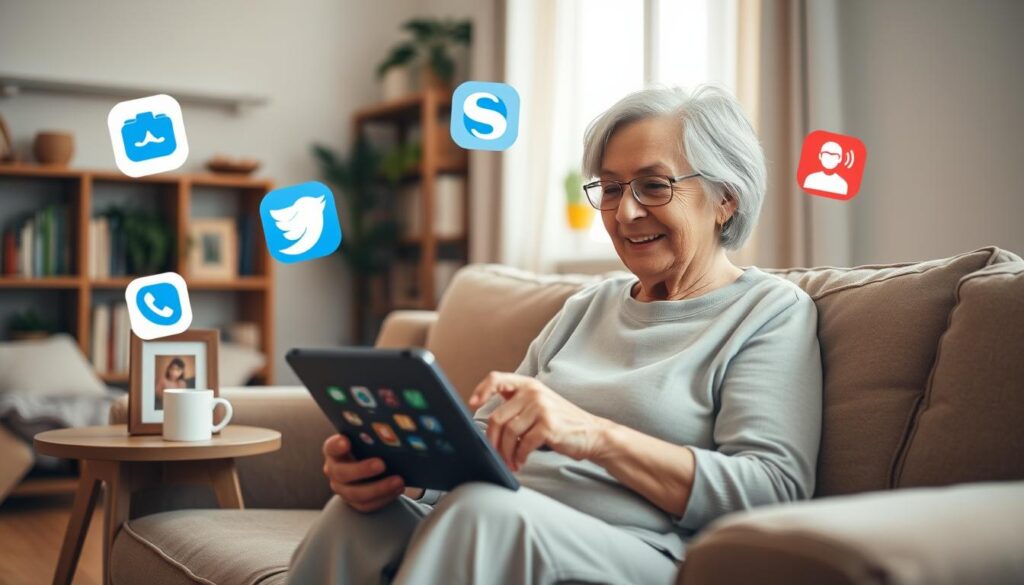 A cozy living room setting, warmly lit by soft, natural light coming through a window. In the foreground, an elderly woman with silver hair, wearing modest casual clothing, sits comfortably on a plush sofa, smiling at a tablet displaying video call icons. Around her, images of popular video call apps like Zoom, Skype, and FaceTime float gently as visual representations, each icon designed in bright, friendly colors. In the middle ground, a small side table holds a coffee mug and a framed family photo, adding a personal touch. The background features a bookshelf filled with books and plants, creating an inviting atmosphere. The overall mood is cheerful and supportive, emphasizing the ease and joy of connecting with loved ones through technology.