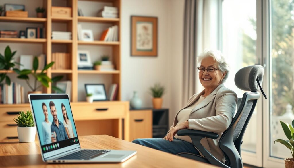 A cozy video conferencing setup in a bright, inviting home office. In the foreground, a comfortable desk features a high-quality laptop with an active video call interface on the screen. A friendly senior woman, dressed in smart casual attire, sits in a modern ergonomic chair, smiling and attentively engaging with her family. The middle layer includes a warm, wooden desk with a few potted plants and a stylish laptop stand. In the background, soft natural light floods the room from a large window, revealing shelves filled with books and family photos. The overall atmosphere is warm, welcoming, and reminiscent of cherished family connections, highlighting the importance of video calls for seniors. The image should convey a sense of connection and comfort, with soft lighting and a slightly angled view showcasing both the person and the setup.