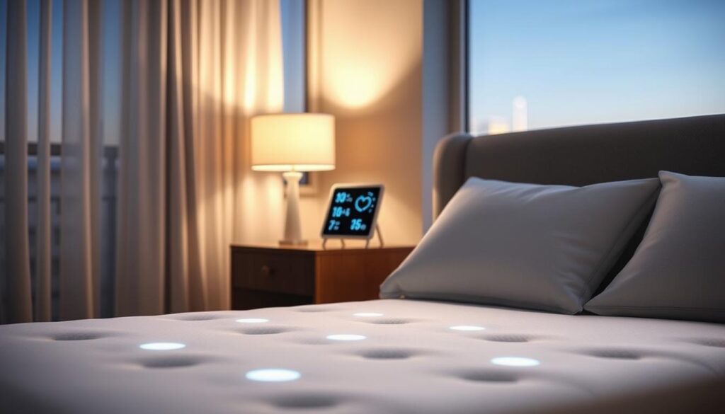 A cozy, well-lit bedroom scene featuring advanced bed monitoring technology subtly integrated into the environment. In the foreground, a sleek, white mattress with built-in sensors is visible, displaying a soft glow indicating activity. In the middle ground, a bedside table adorned with a minimalist digital display shows sleep patterns and heart rate data in an elegant format. Soft, ambient lighting pours in from a stylish lamp, casting gentle shadows. The background features a serene window view of a tranquil night sky, enhancing the calm atmosphere. The overall mood conveys a sense of peace and advancement in sleep technology, ideal for promoting the benefits of non-wearable sleep solutions.