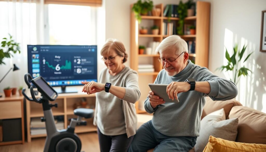 A cozy, well-lit living room setting featuring a senior couple engaging with various types of technology designed for elderly users. In the foreground, the couple, dressed in modest casual clothing, is smiling as they use a tablet and a smart watch, demonstrating user-friendly interfaces. In the middle ground, display a computer with a large screen showcasing an easy-to-navigate exercise app, alongside an exercise bike with adjustable settings. The background includes shelves filled with books and potted plants, creating a warm atmosphere. Soft natural light filters through a window, casting gentle shadows. The scene conveys a sense of vitality and comfort, encouraging low-impact movement and interaction with technology for seniors. A cozy, well-lit living room setting featuring a senior couple engaging with various types of technology designed for elderly users. In the foreground, the couple, dressed in modest casual clothing, is smiling as they use a tablet and a smart watch, demonstrating user-friendly interfaces. In the middle ground, display a computer with a large screen showcasing an easy-to-navigate exercise app, alongside an exercise bike with adjustable settings. The background includes shelves filled with books and potted plants, creating a warm atmosphere. Soft natural light filters through a window, casting gentle shadows. The scene conveys a sense of vitality and comfort, encouraging low-impact movement and interaction with technology for seniors.