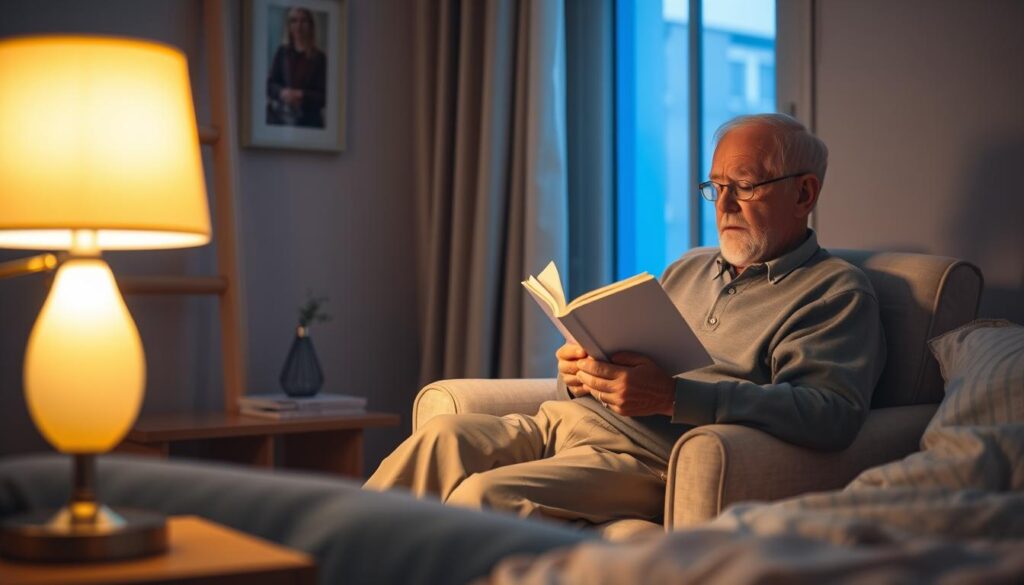 A cozy, well-lit room showcasing the effects of circadian rhythm lighting for elderly individuals. In the foreground, a stylish bedside lamp emits soft, warm yellow hues, creating a comforting atmosphere. In the middle, an elderly person, dressed in modest casual clothing, peacefully reading a book in their armchair, bathed in the gentle glow of the lamp. The background displays a window with soft blue light, simulating early morning light, contrasting with the warm tones in the room. The scene is captured from a slightly elevated angle, emphasizing the warmth and tranquility of the space. The overall mood is serene and inviting, highlighting the balance of lighting that supports healthy sleep patterns.