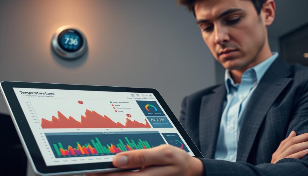 A detailed and informative illustration of temperature logs for health analysis. In the foreground, a sleek digital tablet displays colorful graphs and charts representing temperature fluctuations over time, with a focus on clear markers indicating abnormal readings. In the middle ground, a professional-looking person in business attire examines the tablet, showing a thoughtful expression, emphasizing their engagement with the data. The background features a modern home setting with a smart thermostat mounted on the wall, subtle ambient lighting creating a warm and inviting atmosphere. The angle should be slightly above eye level, capturing both the person and the tablet in a balanced composition. The overall mood conveys a sense of urgency and importance in using technology for health monitoring, aimed at promoting preventive health measures.