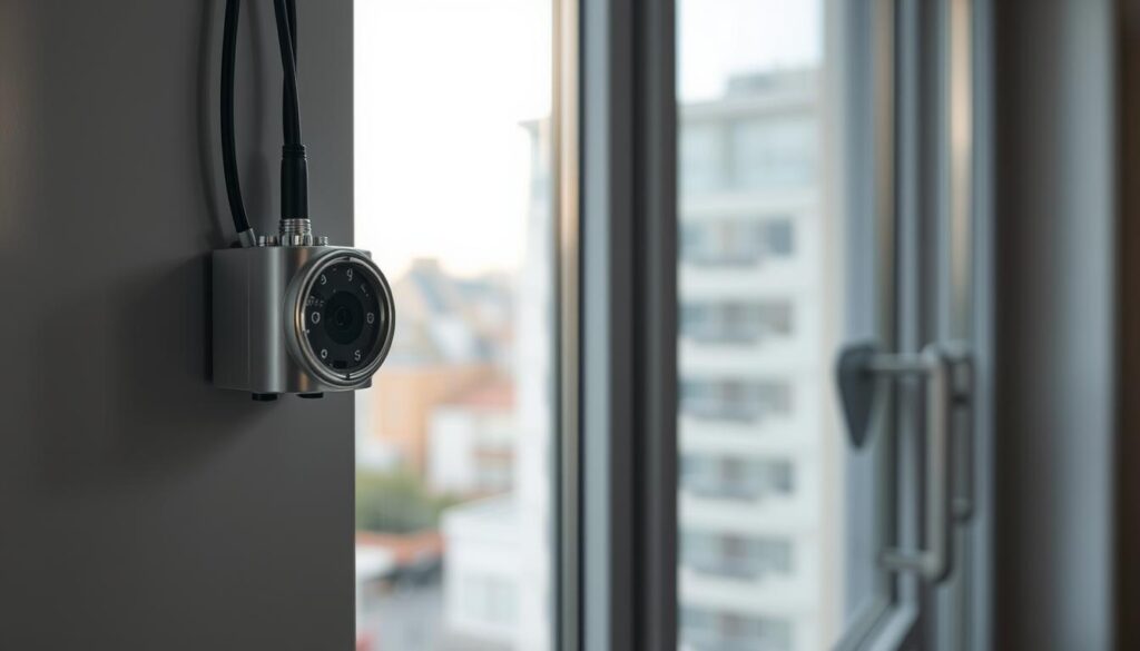 A detailed close-up of a vibration sensor mounted on a window frame, showcasing its sleek metallic design and wires extending toward a small control unit. The foreground features the sensor prominently, with intricate components visible, displaying the technical craftsmanship. In the middle ground, a modern window with a subtle urban backdrop is partially visible, hinting at a home environment. Soft, diffused lighting enhances the scene, casting gentle shadows that highlight the sensor's features. The background is slightly blurred, creating depth while maintaining focus on the sensor. The atmosphere is professional and informative, suitable for a technology article, emphasizing the importance of security measures through advanced detection systems.