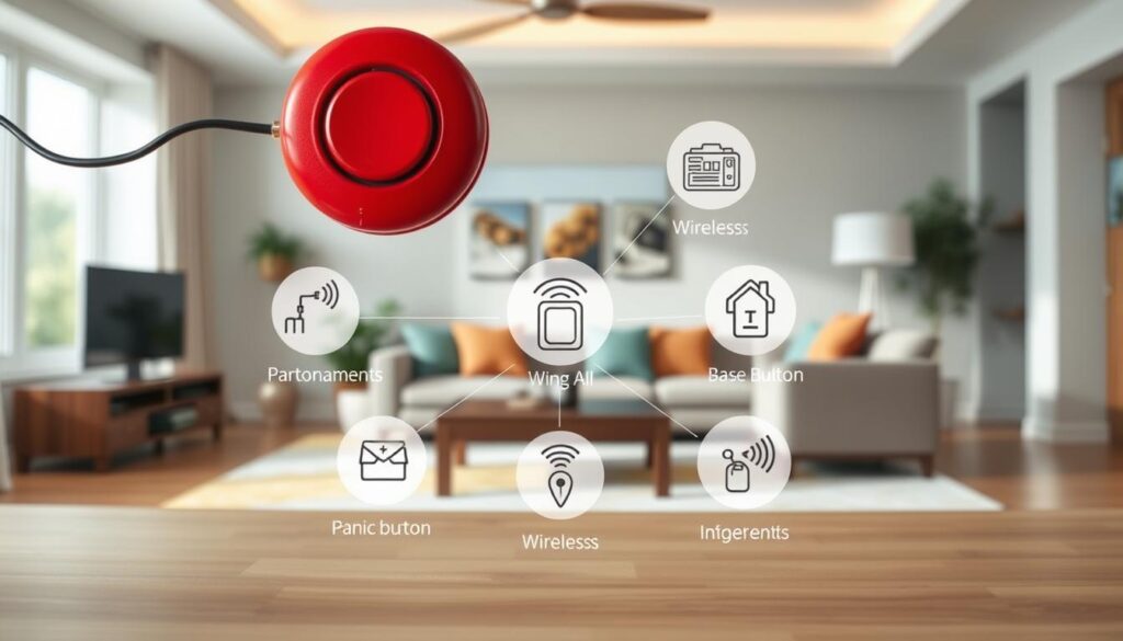 A detailed, illustrated emergency panic button guide laid out in a visually engaging format. In the foreground, a large, clearly visible red panic button is depicted, slightly lifted to suggest importance. In the middle, various icons representing different panic button types (wired and wireless) surround the main button, illustrating their unique features and placements in a home setting. The background is a softly blurred interior of a modern living room, featuring calming colors and a welcoming atmosphere. Soft, natural lighting illuminates the scene, creating a sense of safety and security. The overall mood is informative and reassuring, highlighting the significance of having panic buttons at home while maintaining a professional look.