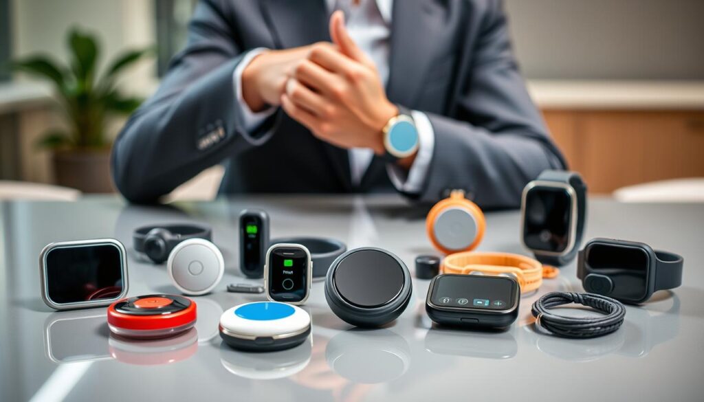 A detailed overview of various wearable emergency call buttons displayed on a sleek, modern tabletop. In the foreground, feature several types of devices, including compact buttons, wristbands, and pendant-style options, showcasing their unique designs and functionalities. The middle ground includes a stylish hand modeling a button, dressed in professional business attire. The background is softly blurred, suggesting a well-lit office environment with neutral tones to keep focus on the products. Lighting should be bright and natural, emphasizing the functionality and sleek design of each device. The mood should convey a sense of safety and reliability, highlighting the importance of these life-saving tools.
