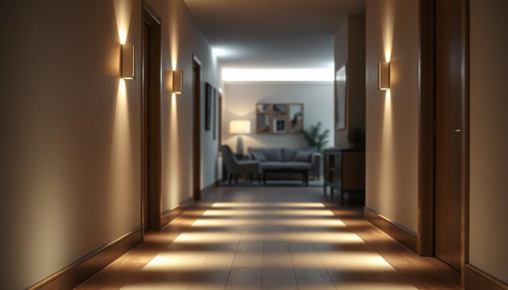A dimly lit hallway featuring innovative smart lighting solutions, seamlessly integrated along the floor and walls, casting a soft, inviting glow. In the foreground, a stylish illuminated pathway guides the viewer's eye, showing a gentle transition from bright light near the entrance to a softer hue towards the end. Midground elements include modern smart lighting fixtures mounted on walls, creating a balanced illumination while emphasizing safety. The background reveals a cozy, well-decorated home setting, enhanced by smart lighting's warm ambiance, contrasting shadows, and areas of light for visual interest. Use a wide-angle lens to capture the entire scene, conveying a mood of safety and comfort, while highlighting the benefits of automated lighting systems. The atmosphere is tranquil and secure, suggesting an environment free from hazards.