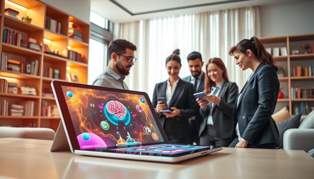 A futuristic home environment showcasing brain training technology. In the foreground, a sleek tablet displaying a cognitive stimulation game with vibrant colors and engaging graphics. To the right, a diverse group of three adults in professional business attire, intently interacting with the tablet, demonstrating concentration and collaboration. The middle layer features shelves filled with books and brain-training tools, like puzzles and memory games, creating a sense of a dedicated cognitive space. The background shows a modern living room with ambient lighting, highlighting a cozy yet tech-savvy atmosphere. Soft, natural light streams in through large windows, creating a warm and inviting mood that emphasizes innovation and engagement in cognitive activities. A futuristic home environment showcasing brain training technology. In the foreground, a sleek tablet displaying a cognitive stimulation game with vibrant colors and engaging graphics. To the right, a diverse group of three adults in professional business attire, intently interacting with the tablet, demonstrating concentration and collaboration. The middle layer features shelves filled with books and brain-training tools, like puzzles and memory games, creating a sense of a dedicated cognitive space. The background shows a modern living room with ambient lighting, highlighting a cozy yet tech-savvy atmosphere. Soft, natural light streams in through large windows, creating a warm and inviting mood that emphasizes innovation and engagement in cognitive activities.