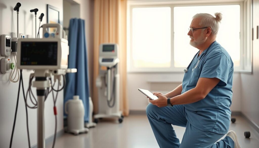 A healthcare professional in a light-blue scrubs and a patient in modest casual clothing are engaged in a compassionate conversation after a fall. The scene is set in a bright, modern hospital room with soft, warm lighting that conveys a reassuring atmosphere. In the foreground, the healthcare professional is kneeling beside the patient, making direct eye contact to emphasize understanding and care. In the middle, various medical devices, like a heart rate monitor and a communication tablet displaying patient information, subtly indicate the use of technology in communication. In the background, a window lets in natural light, revealing a serene outdoor view, symbolizing hope and recovery. The overall mood is empathetic and professional, reflecting the importance of effective communication in post-fall care.