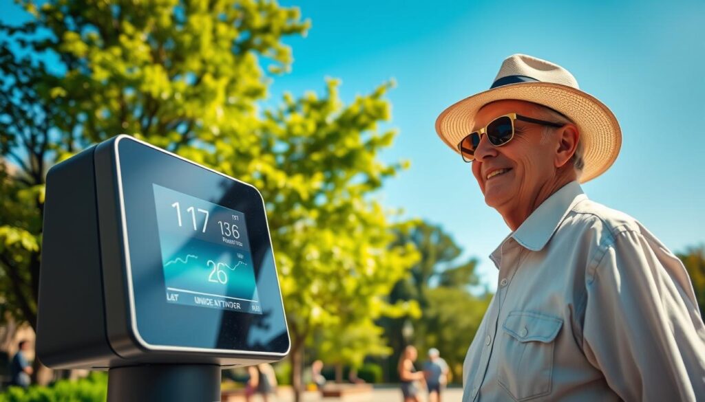 A high-tech UV index monitoring station in a serene outdoor setting, focusing on a sleek, modern device displaying real-time UV readings. In the foreground, a friendly older adult wearing a stylish sun hat and sunglasses observes the device, showcasing a sense of awareness and care for skin health. The middle ground features a sunny park with lush green trees and people enjoying outdoor activities, capturing a vibrant yet relaxed atmosphere. The background includes a clear blue sky, accentuating the relevance of UV monitoring. Soft, natural lighting enhances the scene, evoking a warm and inviting mood. The angle reflects a slight upward tilt, emphasizing the tech device and the senior, while ensuring a professional and informative composition.