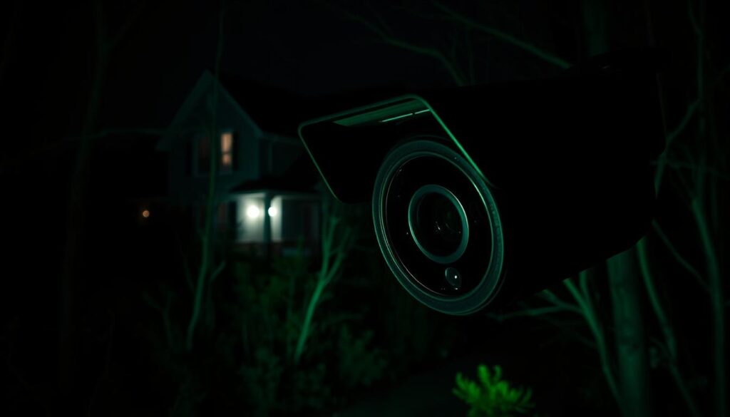 A high-tech night vision camera prominently displayed in the foreground, showcasing its sleek, matte-black design with visible infrared sensors and lenses. The camera is focused on a dark, wooded environment in the middle ground, filled with silhouettes of trees and underbrush, emphasizing the camera's ability to capture low-light details. In the background, a dimly lit suburban house can be seen, creating a sense of surveillance in a typical home setting. The scene is illuminated with a soft green glow from the camera, enhancing the night vision effect and creating a mysterious, focused atmosphere. The overall mood is serious and professional, reflecting the advanced technology of night vision surveillance.