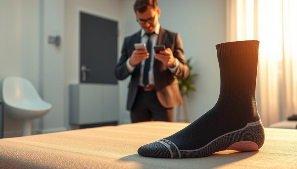 A high-tech setting showcasing smart foot care technology, featuring a pair of sleek, modern smart socks designed for monitoring circulation and temperature. In the foreground, the socks are neatly displayed on a soft, textured surface, with an emphasis on embedded sensors and a futuristic design. In the middle, a professional individual in smart casual attire inspects the socks, displaying a keen interest, while holding a smartphone that connects to the socks. The background includes a softly lit, minimalist clinic or home environment, with warm lighting casting gentle shadows to create an inviting atmosphere. The image has a clean, polished look, conveying innovation in foot care technology. Focus on clarity and detail for the sock's features, highlighting their intelligent design.
