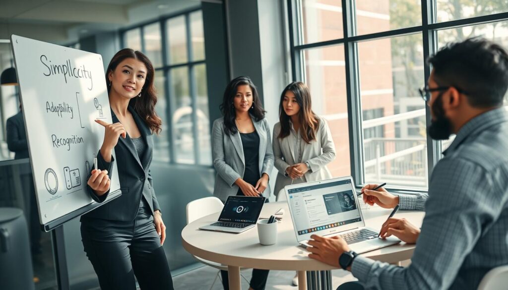A modern and sleek workspace featuring a diverse group of professionals discussing factors for naming smart devices. In the foreground, a businesswoman in professional attire points at a digital whiteboard filled with keywords like 'simplicity', 'adaptability', and 'recognition' illustrated with icons representing devices (e.g., smart speakers, thermostats). The middle ground showcases a round table with a laptop open to a voice recognition software interface, while a man takes notes on a notepad. The background features a large window with natural light flooding in, creating a bright and inspirational atmosphere. The lens captures a slight angle for depth, emphasizing collaboration and innovation in tech naming practices.