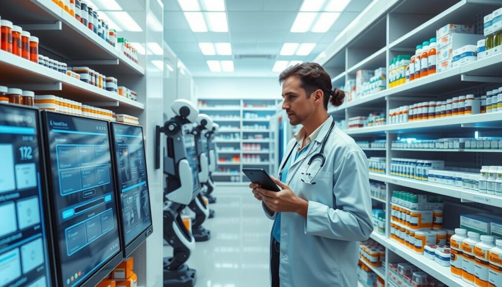 A modern automated medicine inventory system in a well-lit pharmacy setting. In the foreground, sleek computer screens display real-time inventory data, with colorful vials and pill bottles organized neatly on shelves. The middle ground features a pharmacist in professional attire, scanning items with a handheld device, showing focus on their task. In the background, robotic assistants manage shelf inventory with precision, utilizing advanced technology. Soft, bright lighting enhances the clean, sterile atmosphere, providing a sense of efficiency and order. The perspective is slightly elevated, capturing the entire system in action while emphasizing productivity and innovation. The overall mood is optimistic and futuristic, illustrating the seamless integration of technology in medicine management.